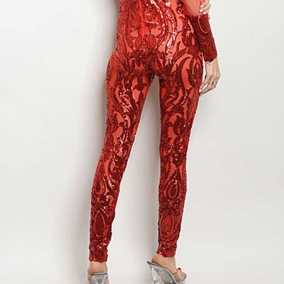 red sequin jumpsuit tulle mesh sleeve - Picture 4 of 4